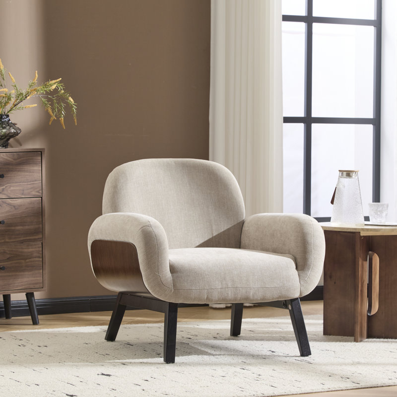 Yousef Upholstered Accent Chair With Rubberwood Legs, Light Khaki