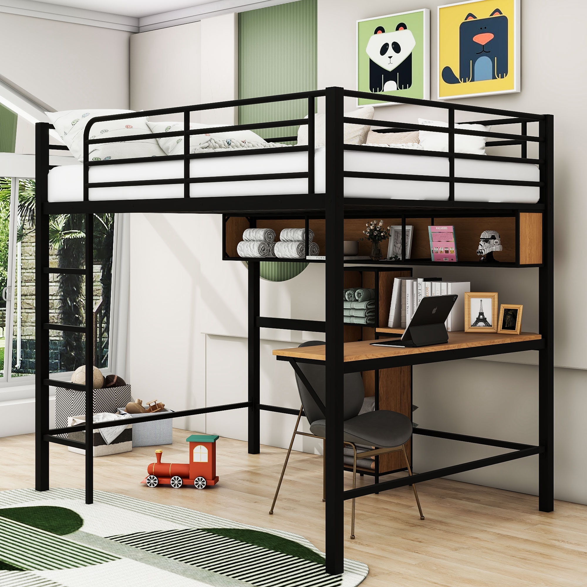 Mason & Marbles Thornlie Full Metal Loft Bed with Shelves and L-shaped ...