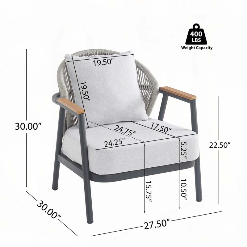 Fauteuil club d'extérieur en corde, Gris