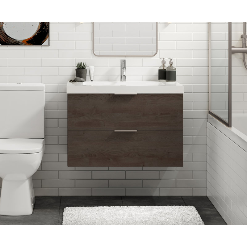 Avila 30" W Wall Mounted Single Bathroom Vanity, Matte White/8" Widespread, Charred, Polished Nickel