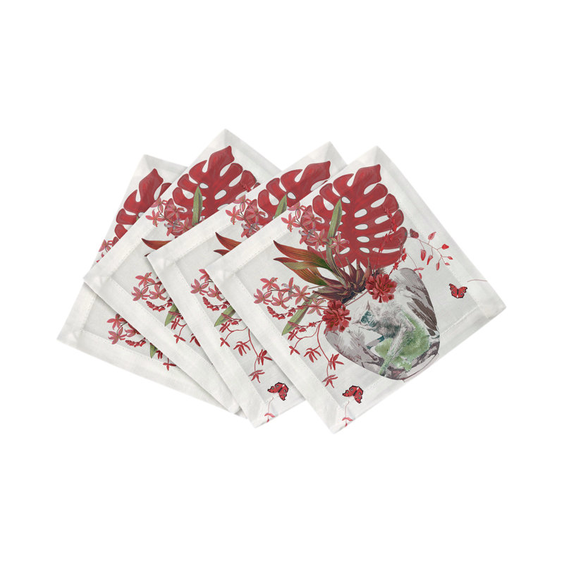 Monkey Large Jungle Cotton Sateen Cocktail Napkins, Cherry