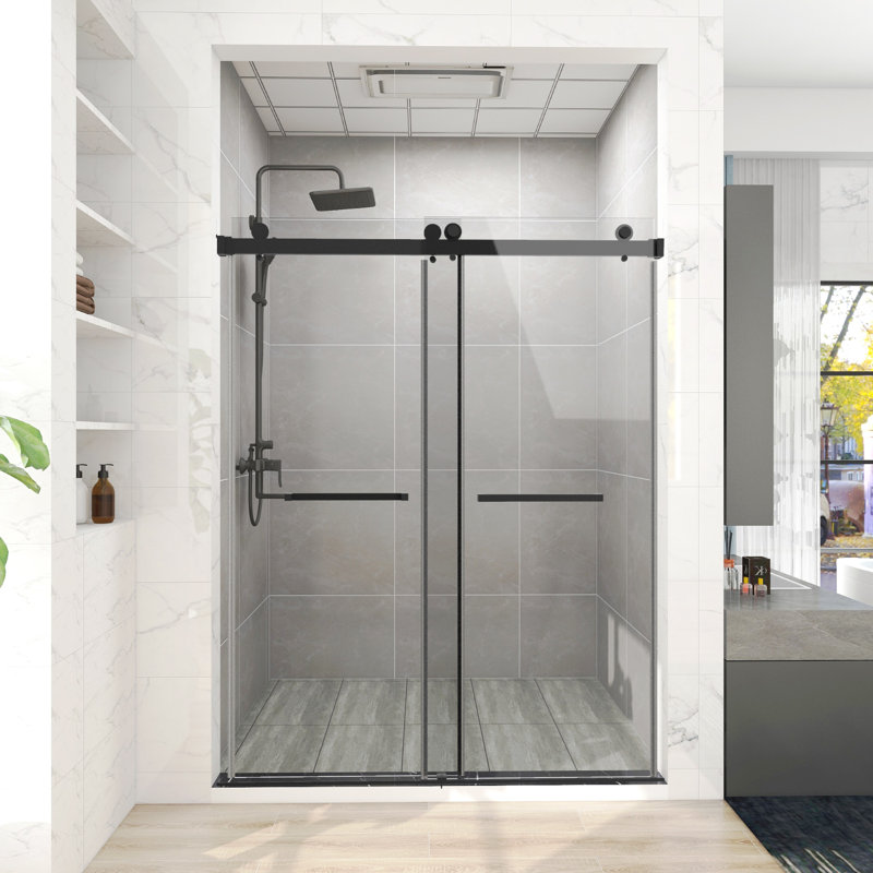 60 In. W X 76 In. H Freestanding Double Sliding Frameless Shower Enclosure In Matte Black Finish, Matte Black
