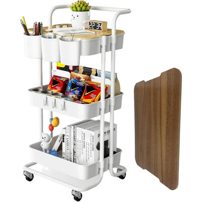 3 Tier Rolling Cart with Metal Handle, Table Top, Hanging Cups, Hooks, Plastic Storage Baskets& Wheels Lockable