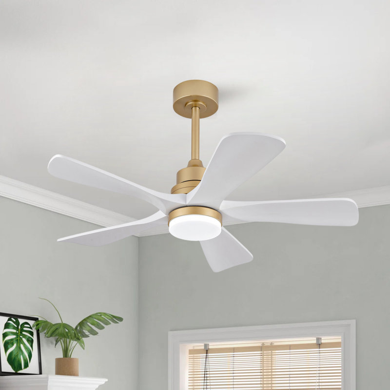 42 Inch Indoor Ceiling Fan With Dimmable LED Light 5 Solid Wood Blades Remote Control Reversible DC Motor, Gold, White