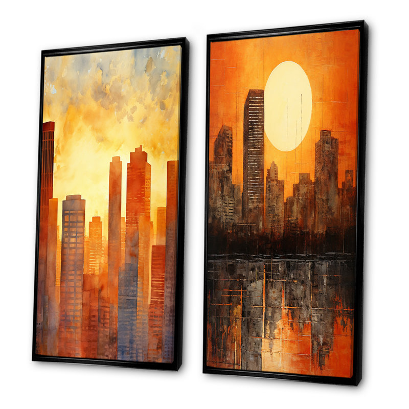 Coucher de soleil coucher de soleil sur une grande ville - gratte-ciel, ensemble de 2 impressions sur toile, Cadre noir