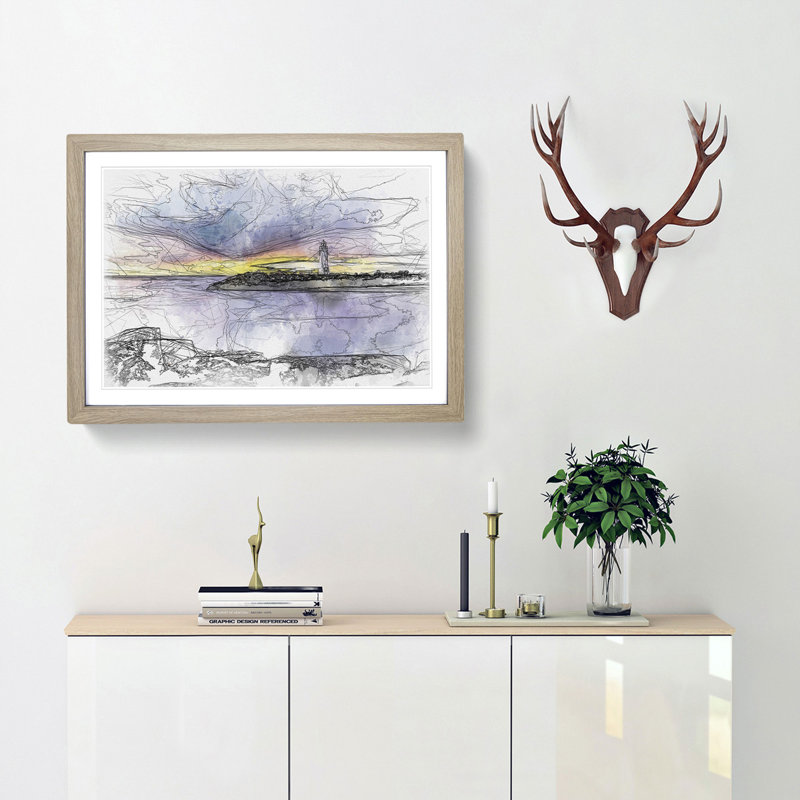 Remote Lighthouse & Seascape Sketch - Picture Frame Graphic Art Print, 36cm H x 48cm W x 2cm D, Oak Framed