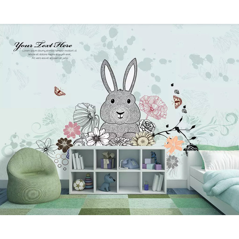 Murale de lapin dessinée floral Hollandale, L 75 po x l 112 po