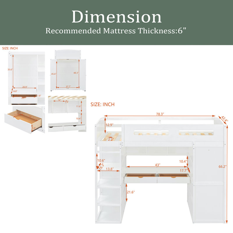 Lit mezzanine avec tiroirs Kadelyn Kids, Blanc, Simple