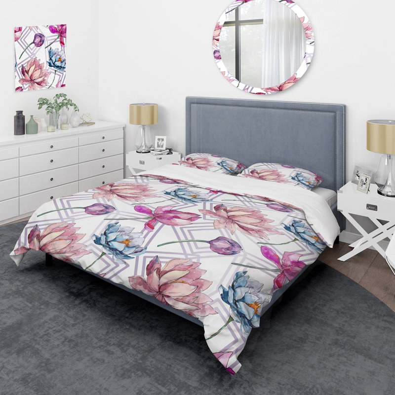 Fleurs de lotus mauves - ensemble de housse de couette floral - microfibre de polyester