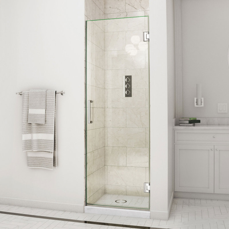 Unidoor 30" W x 72" H Hinged Frameless Shower Door, Chrome, Clear Glass