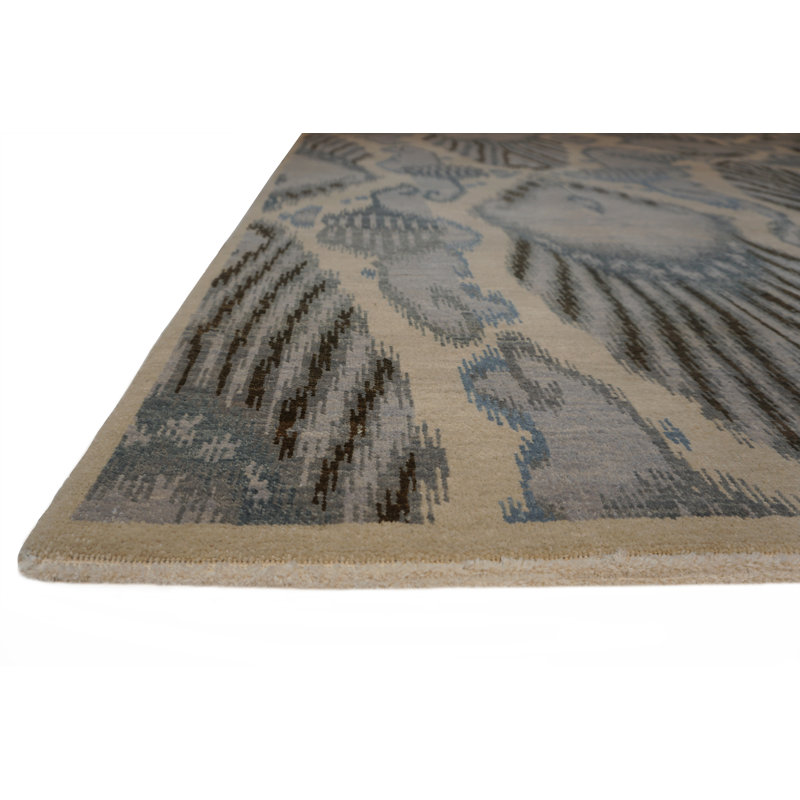 Tapis blanc en laine noué à la main Jazz Ikat, Rectangle 6 pi x 9 pi
