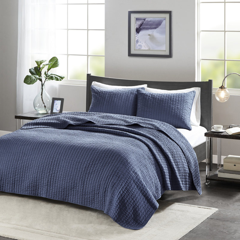 Courtepointe en coton doux et rembourré en bleu marine pour lit simple / simple TG réversible et tissu
