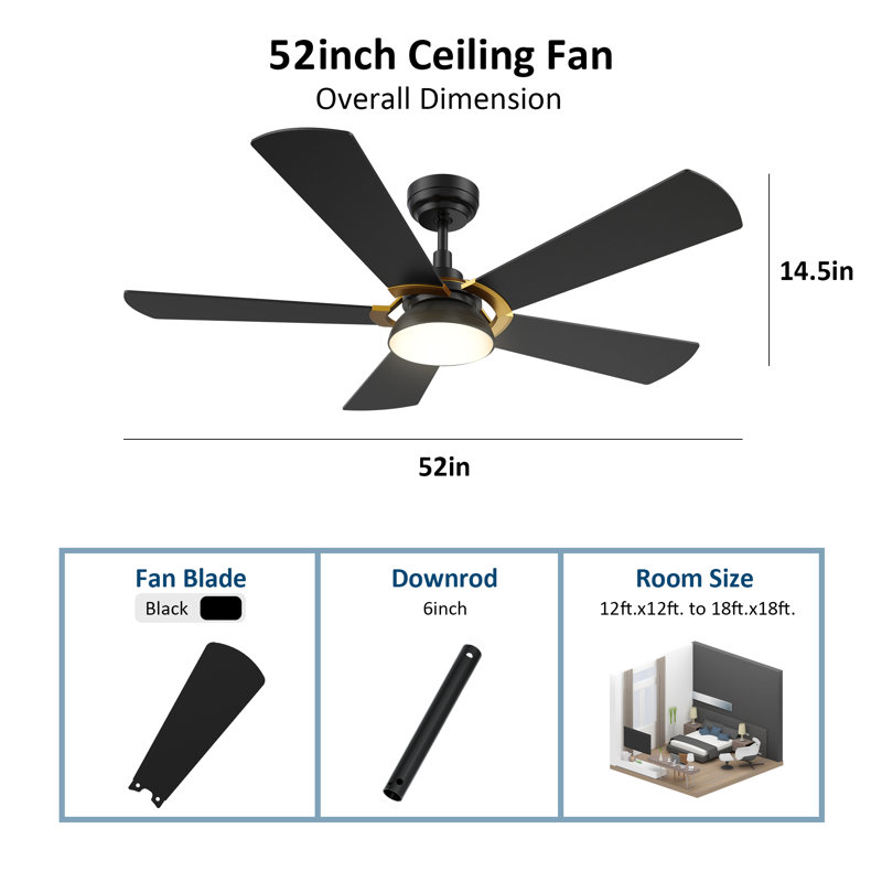 Amonnie 52'' Ceiling Fan with LED Lights, Black