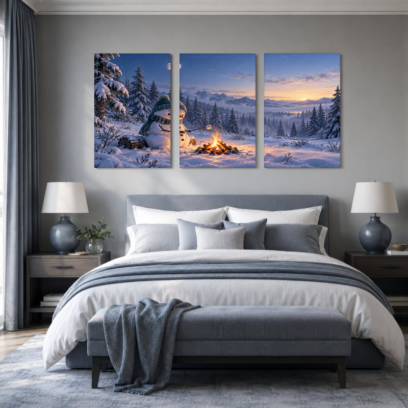 " Snowman Roasting Marshmallow by Campfire Christmas " 3 Piece Art, 60"W x 30"H Overall - 3 Panels