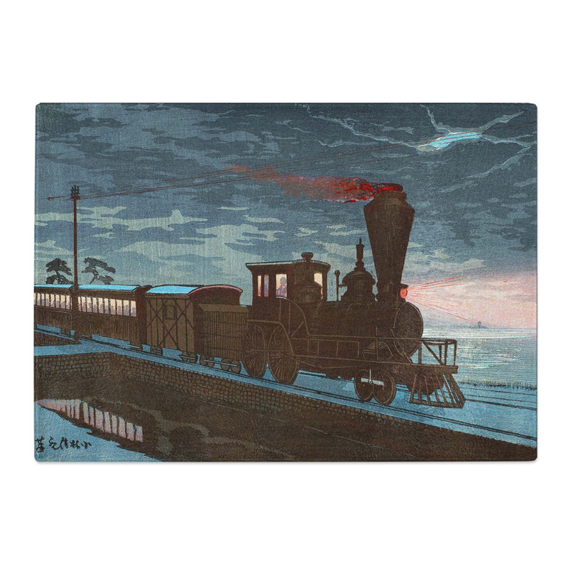Tempered Glass Steam Train in Takanawa by Kobayashi Kiyochika Chopping Board, 39 cm x 28.5 cm