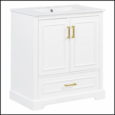 30-Inch Modern Bathroom Vanity With Ceramic Sink, MDF And Solid Wood Frame, Divider Drawer, Soft-Close Doors, And Double Shelves
