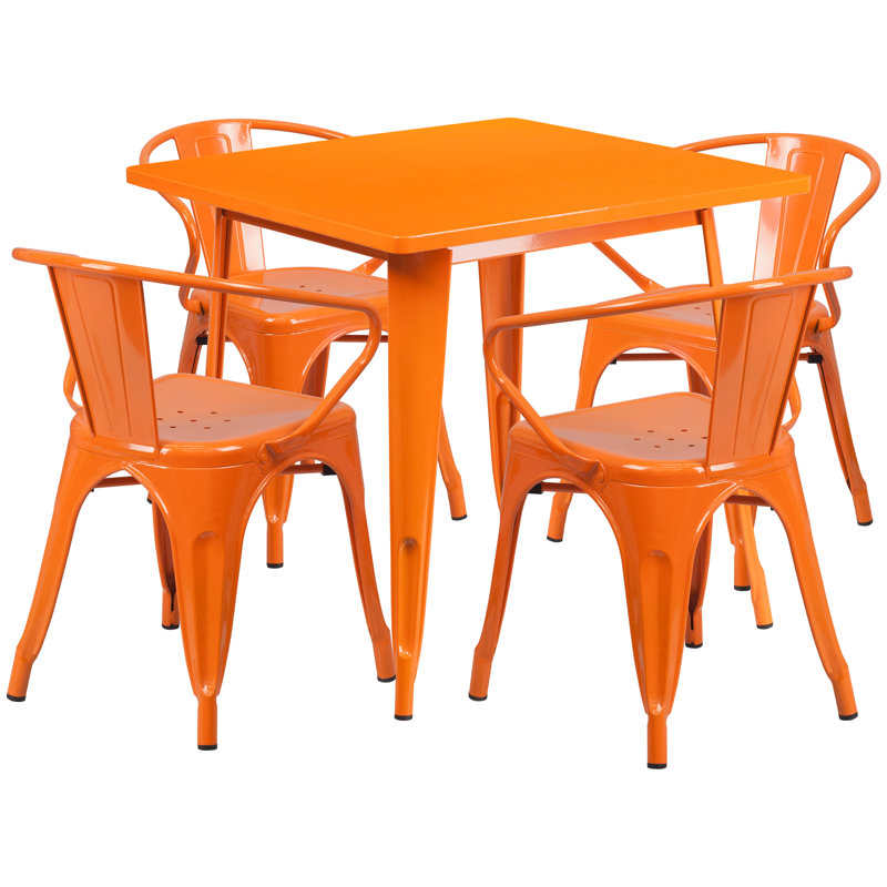 Feodora 31.5'' Square Metal Indoor-Outdoor Table Set with 4 Arm Chairs, Orange