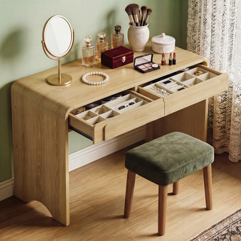 Bureau Abaco de 47 pouces avec 2 tiroirs de rangement, bureau d'écriture moderne à cascade courbée, bureau d'étude minimaliste, chêne naturel