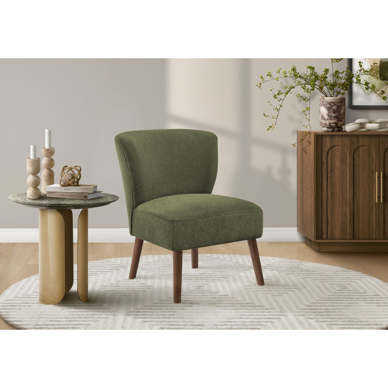 Chaise d'appoint, H 33 po, rembourrée, salon, chambre à coucher, tissu vert, pieds en bois de noyer massif, style Mid-Century, moderne