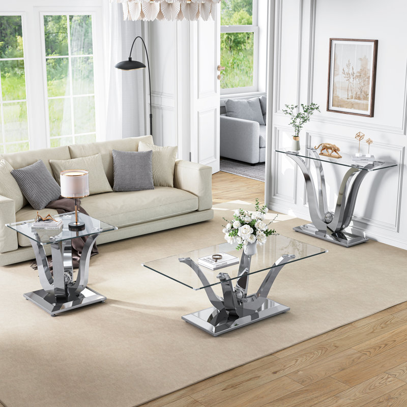 47" Rectangular Glass Coffee Table, 0.39" Thick Tempered Glass And Stainless Steel Floral Base, Silver