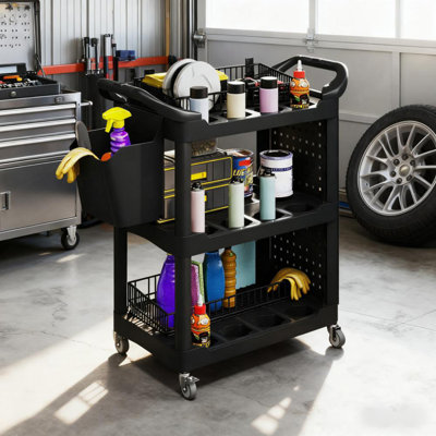 Capacité chariot en plastique avec tablette latérale et seau de rangement, chariot à outils à 3 niveaux