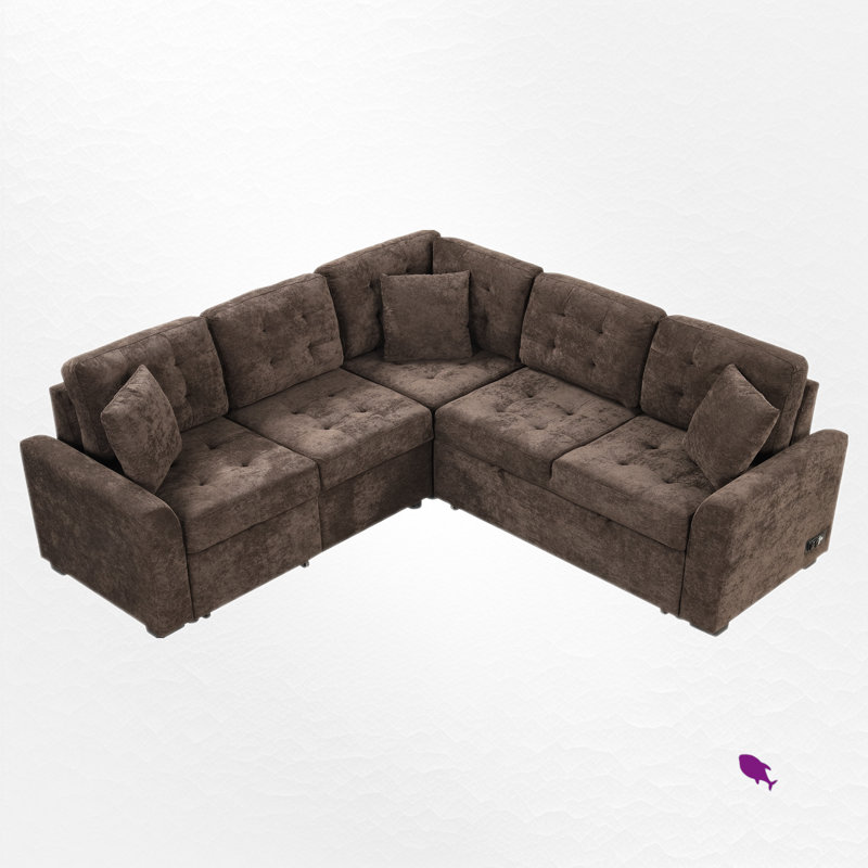 Olabisi L-Shaped Sleeper Sofa Bed with Wheels & USB Ports,  Brown Polyester Blend