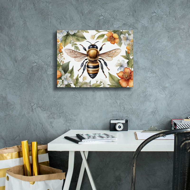 «Bee Parmi Watercolor Flowers» par Momart, art mural sur toile, H 12 po x l 16 po x P 0,75 po
