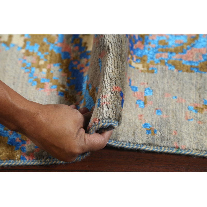 Tapis ivoire noué à la main de conception unique 9 pi 2 po x 12 pi 1 po New Age