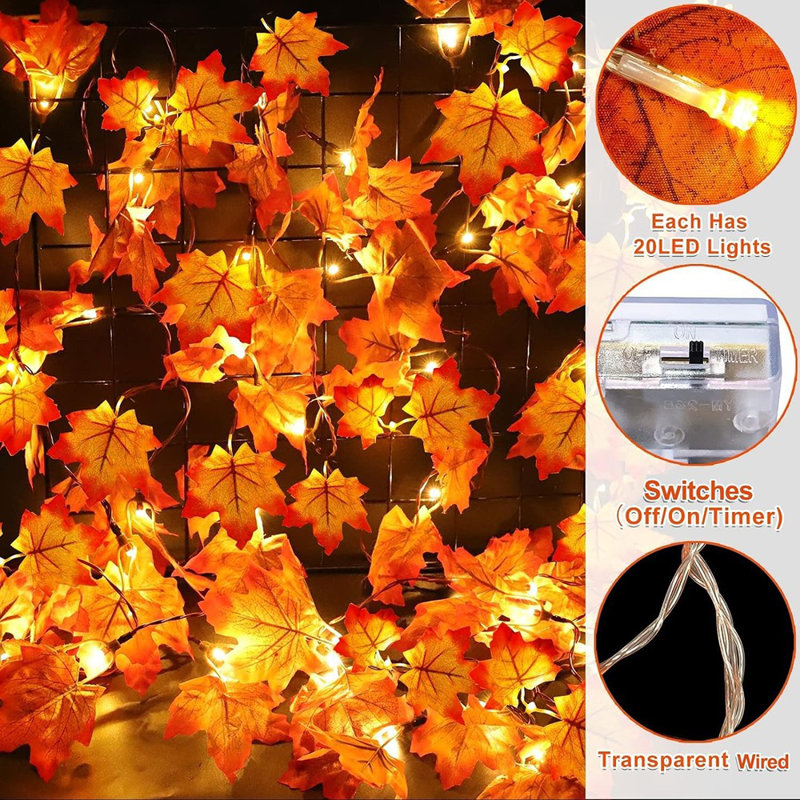 Guirlande lumineuse à feuilles d'érable - couleurs d'automne - paquet de 3, guirlande à piles de 30 pi avec 60 lumières DEL et minuterie pour un décor saisonnier intérieur et extérieur