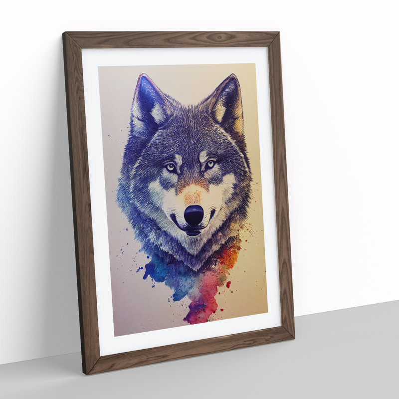 Painted Wolf No.6 - Wall Art, 66cm H x 48cm W, Walnut Framed, White