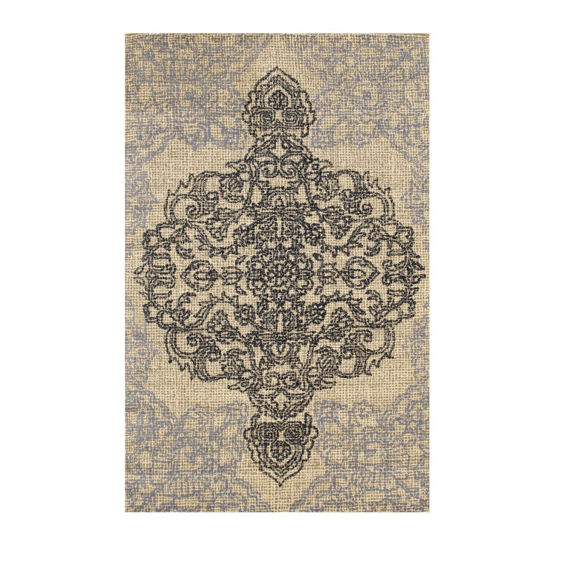 Tapis oriental ivoire en laine touffeté à la main Madallion, Rectangle 7 pi 9 po x 9 pi 9 po