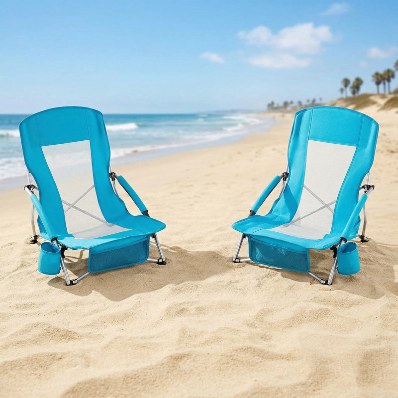 Set Of 2 Portable Lightweight Low-Seat Folding Beach Chairs, Thick Padded Breathable Fade-Resistant Fabric With Convenient Carry Handles
