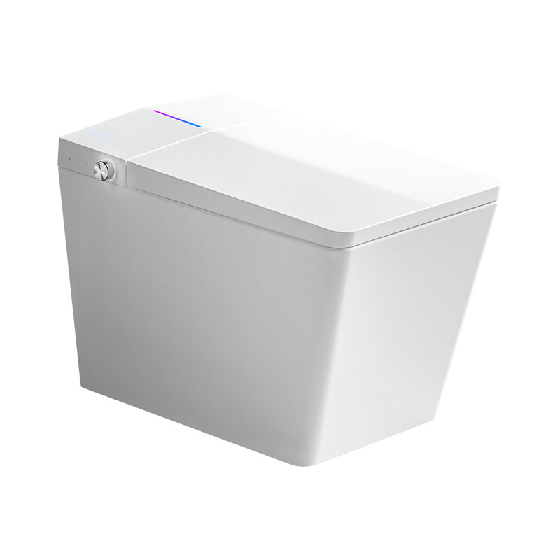 Toilette carrée intelligente avec réservoir intégré pour salle de bain moderne - télécommande, chasse d'eau automatique, siège chauffant, affichage numérique à DEL, personnalisable par l'utilisateur, commande intégrée blanche, système de chasse d'eau, fonction de siège, panneau,