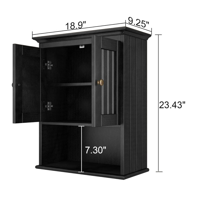  Armoire de rangement murale noire en bois avec portes et tablette réglable pour salle de bain, salon, cuisine et placard
