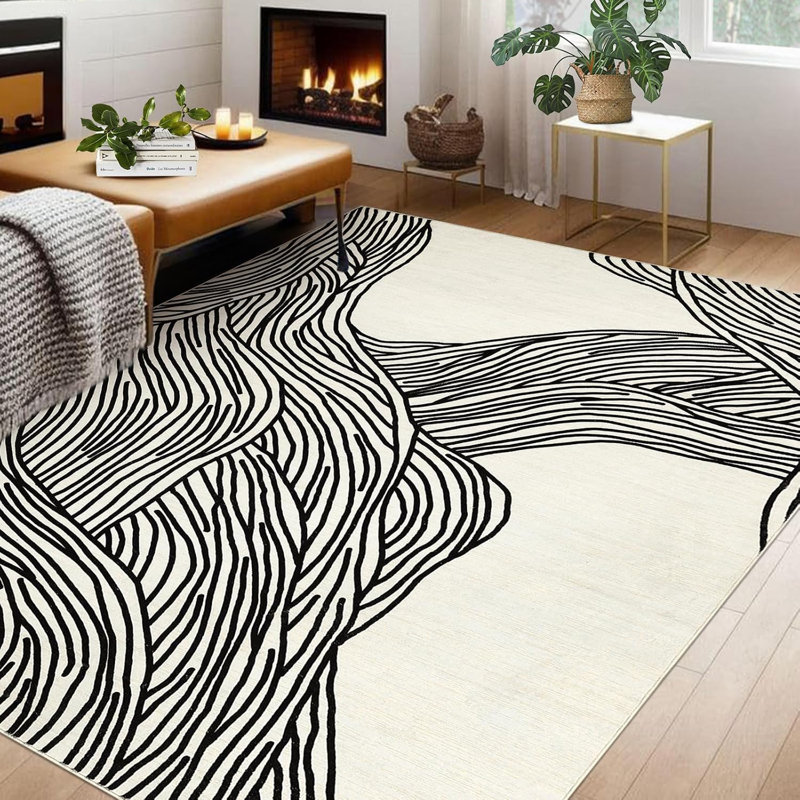 Plush Hallway Runner Rug – 350gsm Faux Lamb Wool, Machine Washable, Non-Slip, Modern Swimming Pattern for Entryway, Kitchen (Black & White)