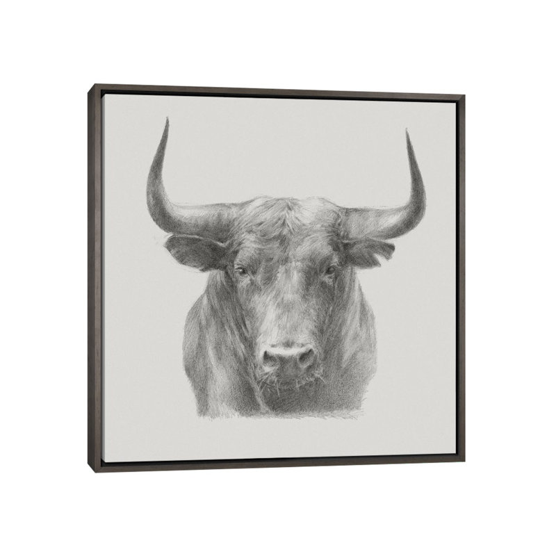 «Black Bull» par Ethan Harper - dessin, reproduction, H 37 po x l 37 po x P 1,5 po, Toile encadrée de bois rustique foncé