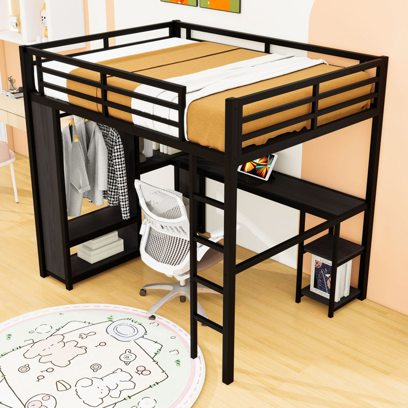 Lit mezzanine en métal avec garde-robe et bureau, Lit double, Noir