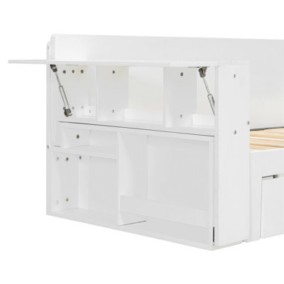 Grand lit de jour avec bureau amovible, tiroirs de rangement et table d'appoint hydraulique, blanc