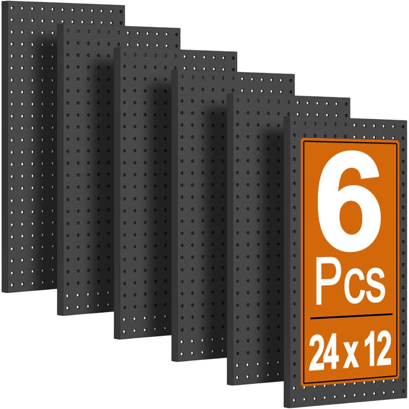 Lot de 6 panneaux perforés métalliques noirs 61 x 30,5 cm, organisateur mural robuste avec chevilles et vis pour cloisons sèches, idéal pour le rangement des outils de jardin et de garage.