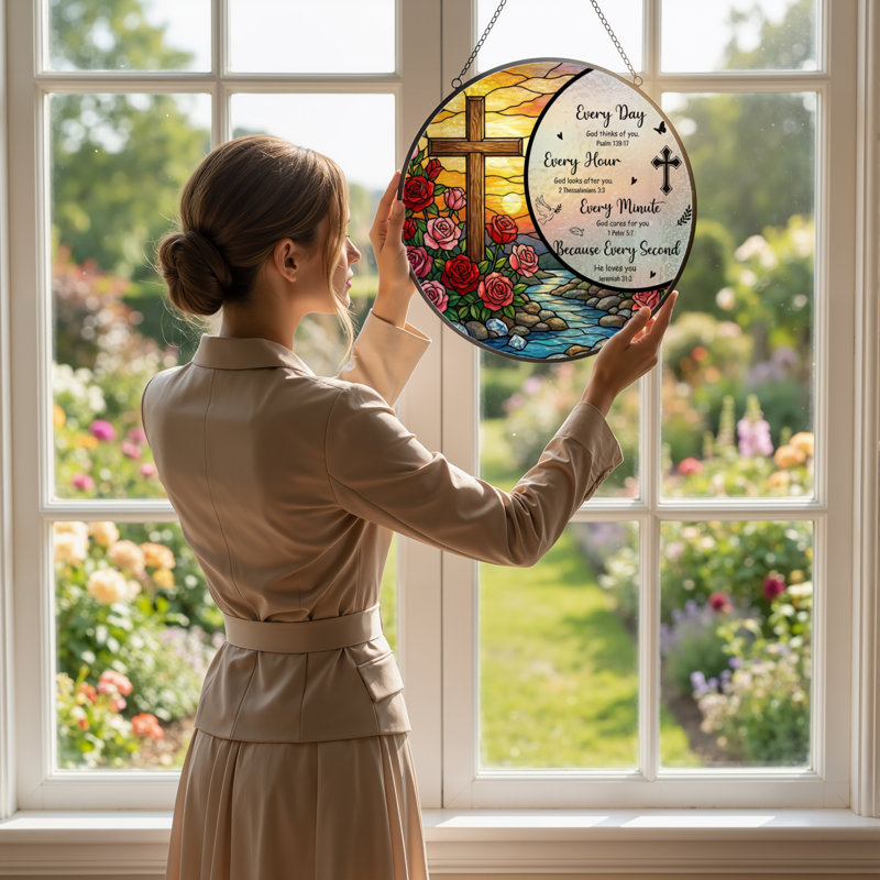 Panneau de vitrail 12 "H Cross Roses, H 12 po x l 12 po