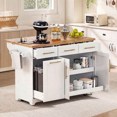 59.3" Rolling Kitchen Island with Drop Leaf, Power Outlet & Hidden Trash Can Storage