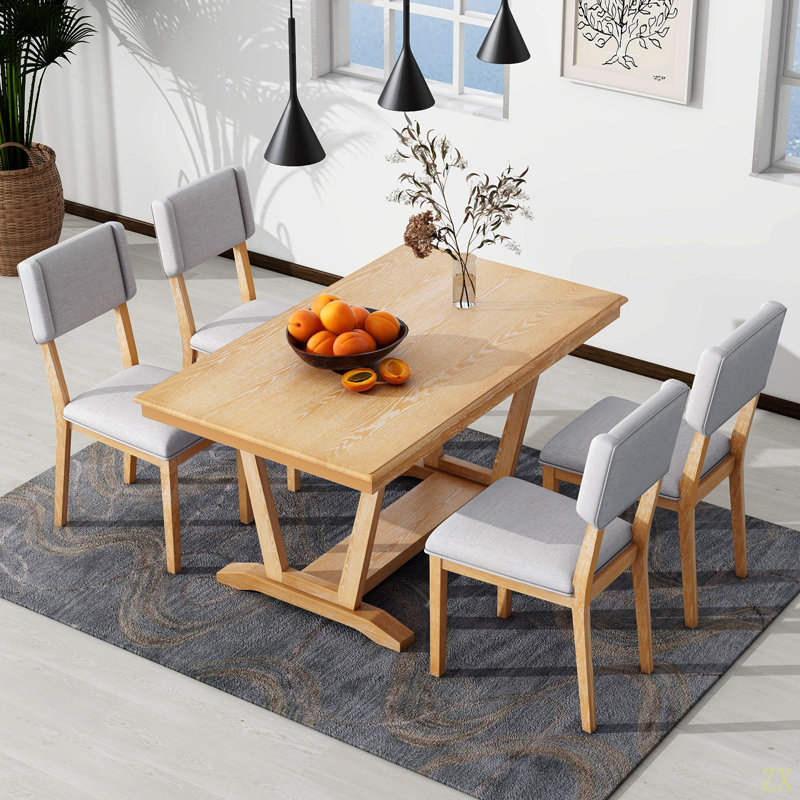 Rustic 5-Piece Dining Table Set With 4 Upholstered Chairs, Rectangular Dining Table With Trestle Table Base, Natural