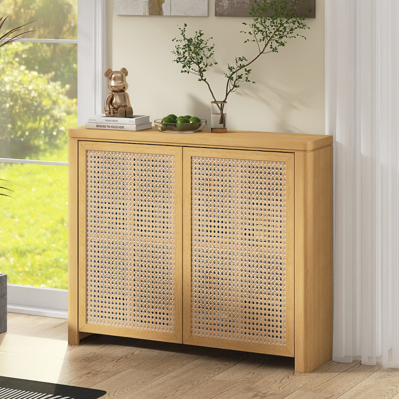 Buffet en rotin de style Mid-Century 39,4 "avec tablette, 2 trous de sortie, Naturel