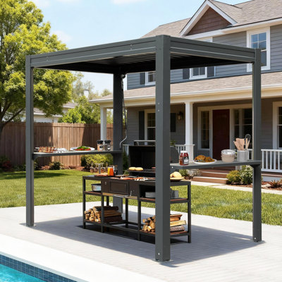 5x8 FT Aluminum Grill Pergola Kit - Adjustable Louvered Roof with Outdoor Bar Tables