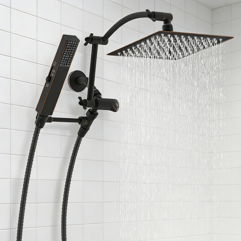 Pomme de douche à pluie 8 po, double pomme de douche combinée, bras d'extension réglable, tuyau de 71 po