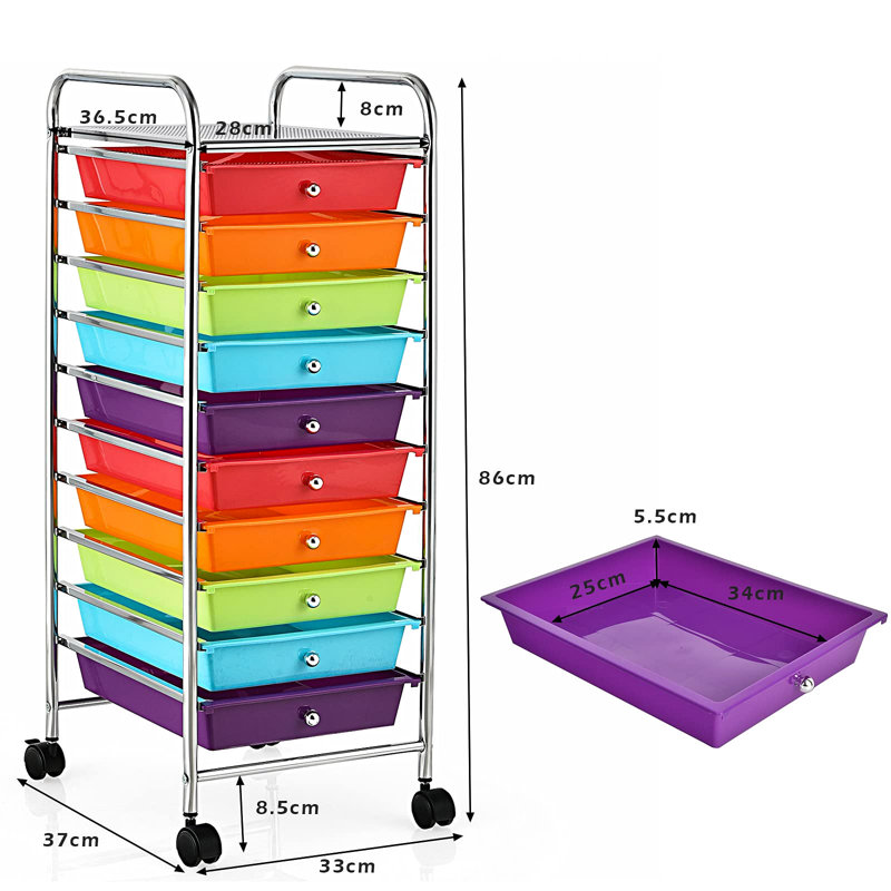 Halley 10 Drawer Storage Drawer, Chrome, Red/Orange/Blue