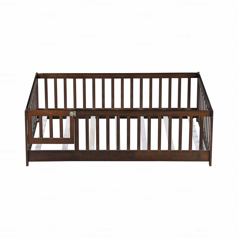 Full Bed, Floor With Fence And Door,Rubber Wood Floor With Safety Guardrails, Full, Brown
