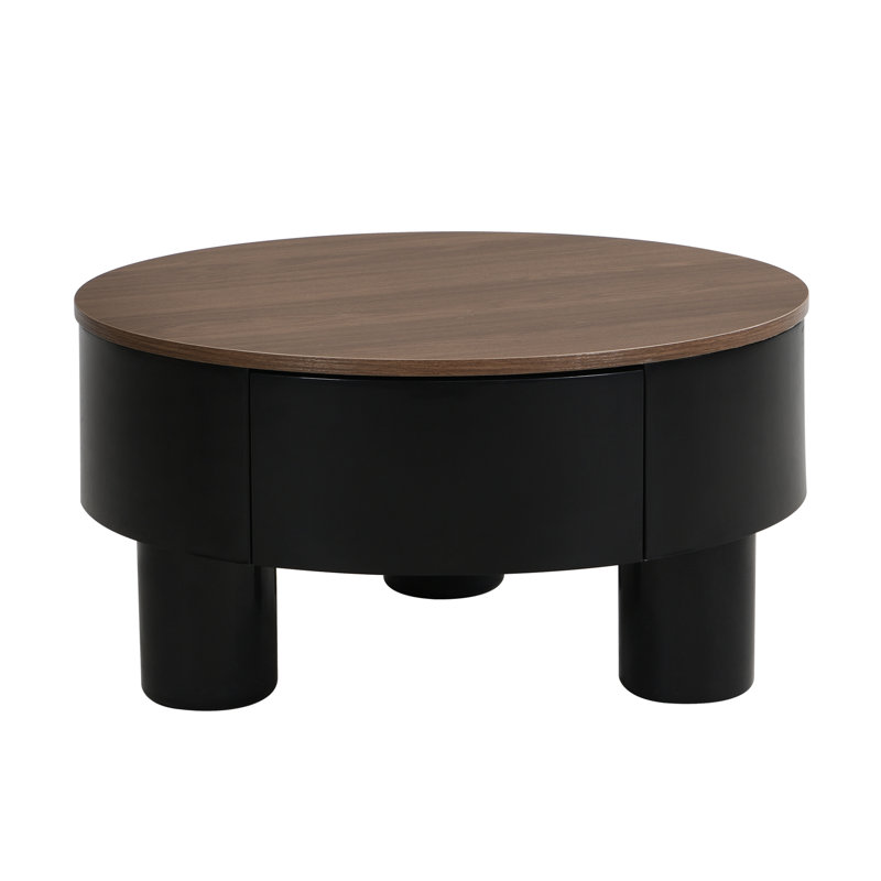 Table basse ronde, tiroir de rangement, table centrale en plastique noir, option d'économie d'espace, caractéristiques de conception uniques, support de base, plastique polyvalent, disposition gigogne, style moderne, fabrication,