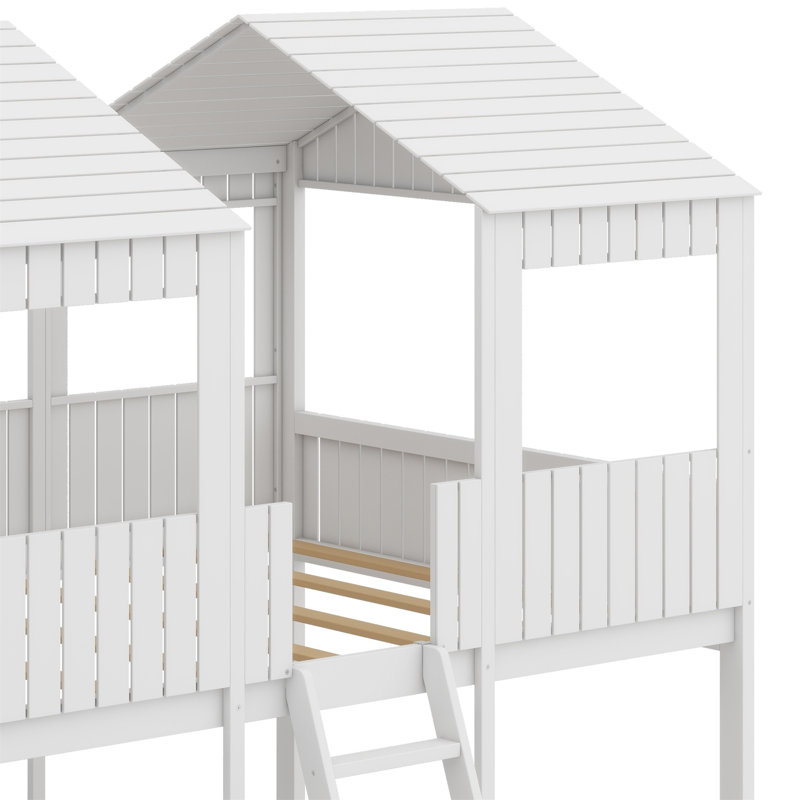 Woodbunk Bed With Roof,Window,Guardrail,Ladder, White