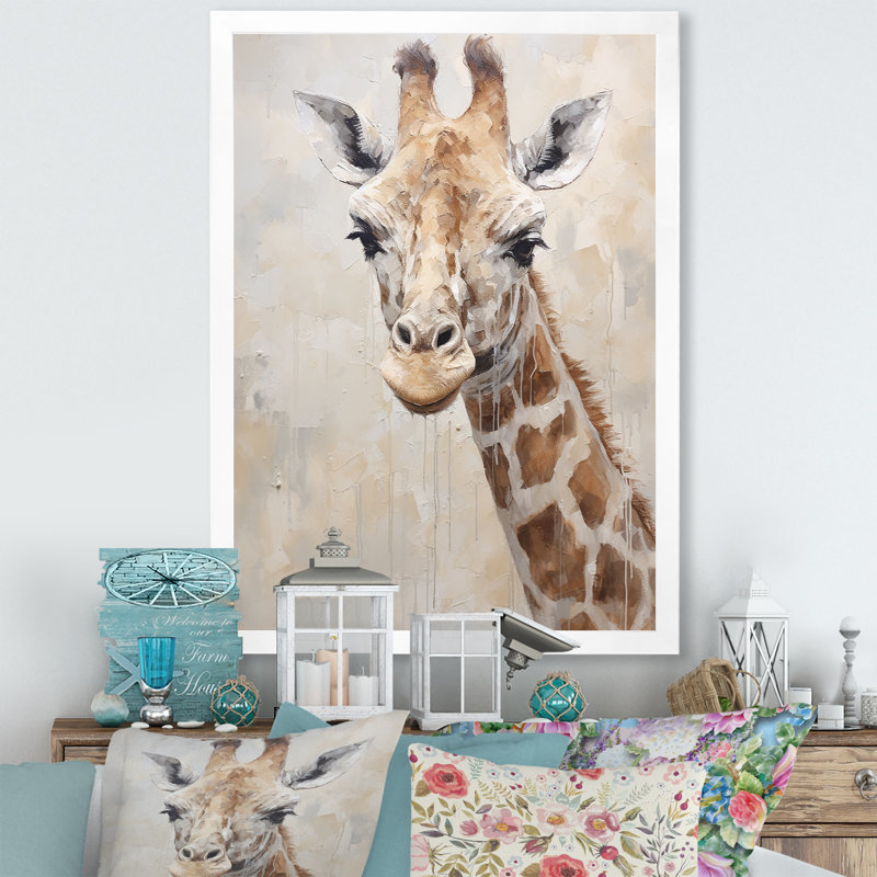 Minimalisme, girafe beige - impressions sur toile, Cadre simple blanc, H 32 po x l 16 po x P 1 po